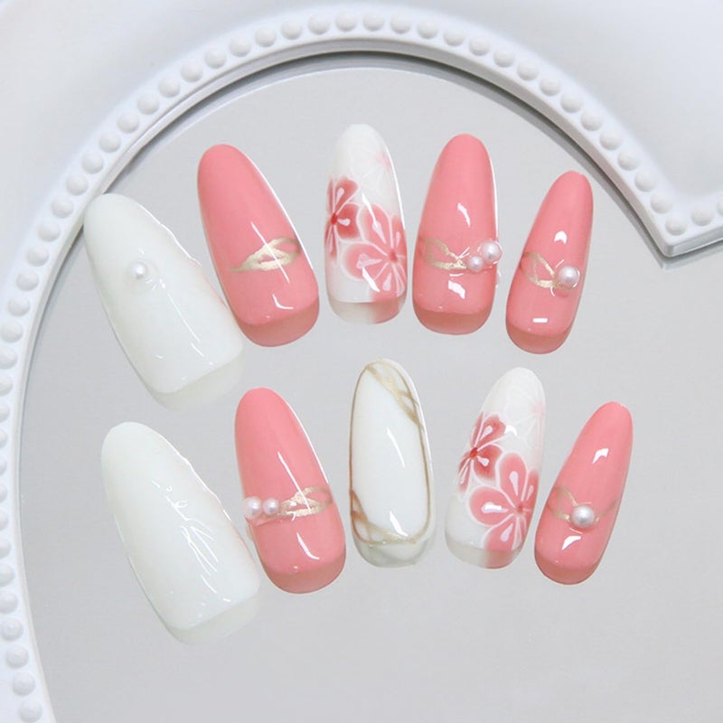 CJDLTS Flower Medium Almond Shaped 3D Pink Floral with Pearl Glossy Design Stick on Nails Glue on Full Cover Reusable Coffin Press on Nails Artificial Acrylic Fingernails for Women Manicure 30Pcs - Image 2